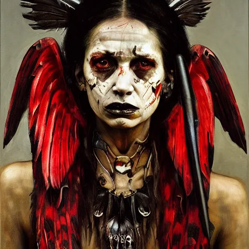 Image similar to portrait of the death angel, beautiful female face, angelic, dark, blood, by jeremy mann, by lucian freud, god rays, female indigenous warrior, warrior face painting red, wings, holding a weapon