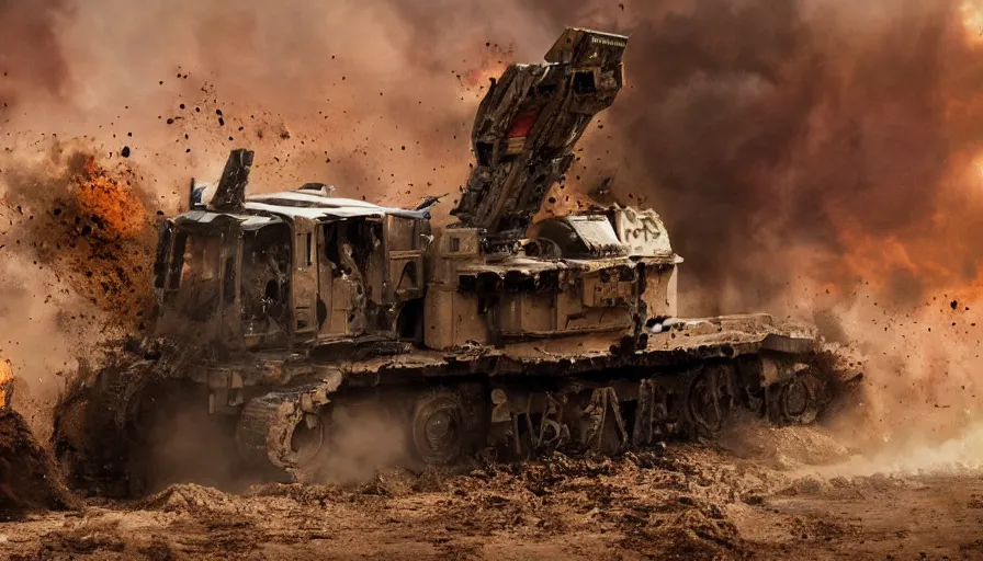 Prompt: big budget movie about the killdozer splattered in blood