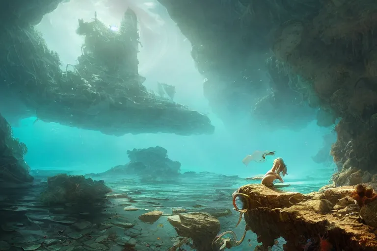 Image similar to a beautiful mermaid looking at the sunken city of Atlantic under water, ray of sunlight, Greg Rutkowski, Mohrbacher, volumetric lighting, octane render, 4K resolution, trending on artstation, masterpiece, vivid colours