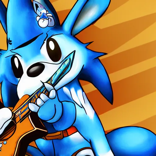 Image similar to lucario and k. K. Slider playing guitar at Woodstock, portrait full body, digital art, high quality, beautiful colors, mesmerizing