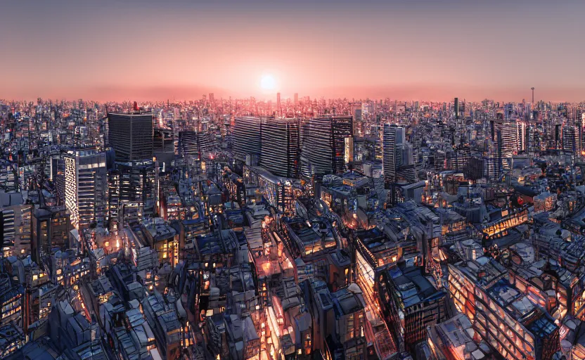 Image similar to blender render of tokyo city from a rooftop view, sunset lighting, unreal engine, hyper realism, realistic shading, cinematic composition, octane render, hdr, detailed textures, photorealistic, ultrawide shot, 1 6 mm lens