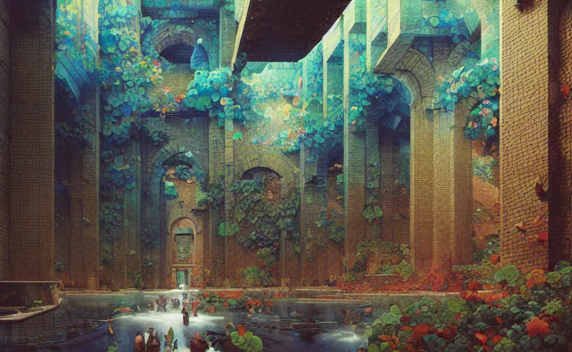 Image similar to tiled room squared waterway, aqueducts, fantasy. intricate, amazing composition, colorful watercolor, by ruan jia, by maxfield parrish, by marc simonetti, by hikari shimoda, by robert hubert, by zhang kechun, illustration, gloomy