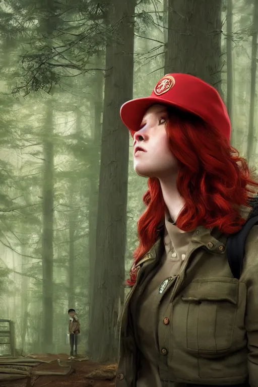 Image similar to A short girl with red hair, wearing a park ranger hat, dramatic lighting, cinematic, establishing shot, extremely high detail, foto realistic, cinematic lighting, post processed, concept art, high details, cinematic, 8k resolution, beautiful detailed, photorealistic, digital painting, artstation, concept art, smooth, sharp focus, artstation trending, octane render, unreal engine