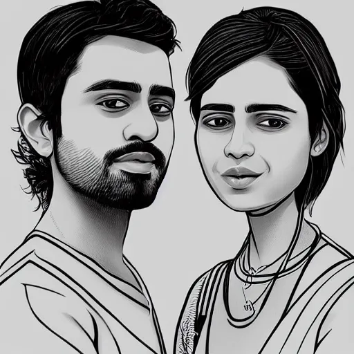 Prompt: perfectly centered symmetrical split male and female portrait of young indian man and woman in love sharing one heart. illustration, highly detailed, simple, no jagged lines, smooth, artstation, artwork by chip zdarsky