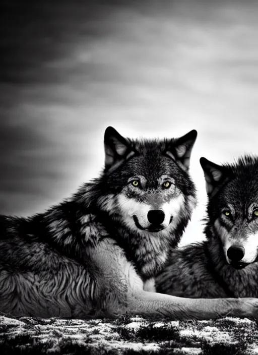 Image similar to two wolves black and white portrait white sky in background