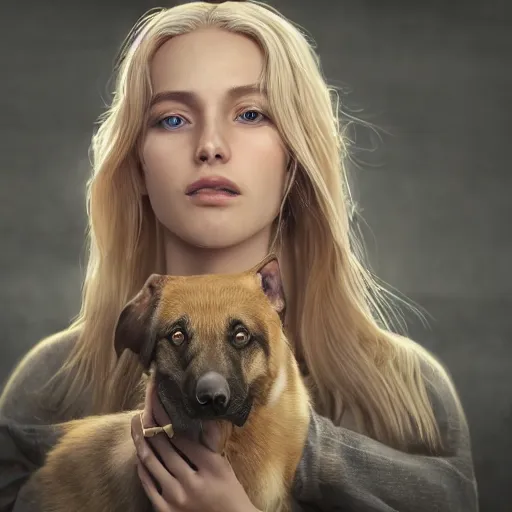 Prompt: epic action shot of beautiful scandinavian woman with symmetrical face stunning eyes and long blonde hair playing with german shephard dog, weta disney pixar, hi - fructose, decadent highly - detailed digital painting, golden ratio, octane render, artstation, cinematic composition, smooth, sharp focus, artgerm, mucha, loish, wlop hdr