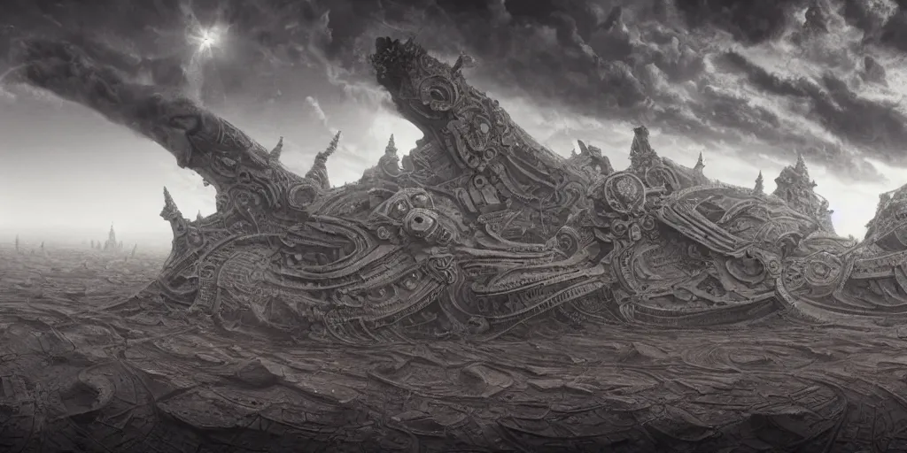 Image similar to a large ominous and geometric very ornate and detailed spaceship, lots of shapes intertwined very large and long floating over a barren dry land with an epic cloud formation on the background by HR GIger, Dariusz Zawadzki, Zdzisław Beksiński, gustave doré, zhuoxin ye, very detailed, octane render, 8k, scary and brooding, scary and dark, canon 24mm lens