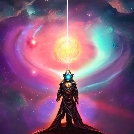 Image similar to photorealistic fantasy cosmic concept art of a cosmic god with armor made out of planets and dark matter, hovering in a unknown galaxy, fully body portrait, cinematic, dynamic lighting, ultra detailed, creative, trending on art station, creative