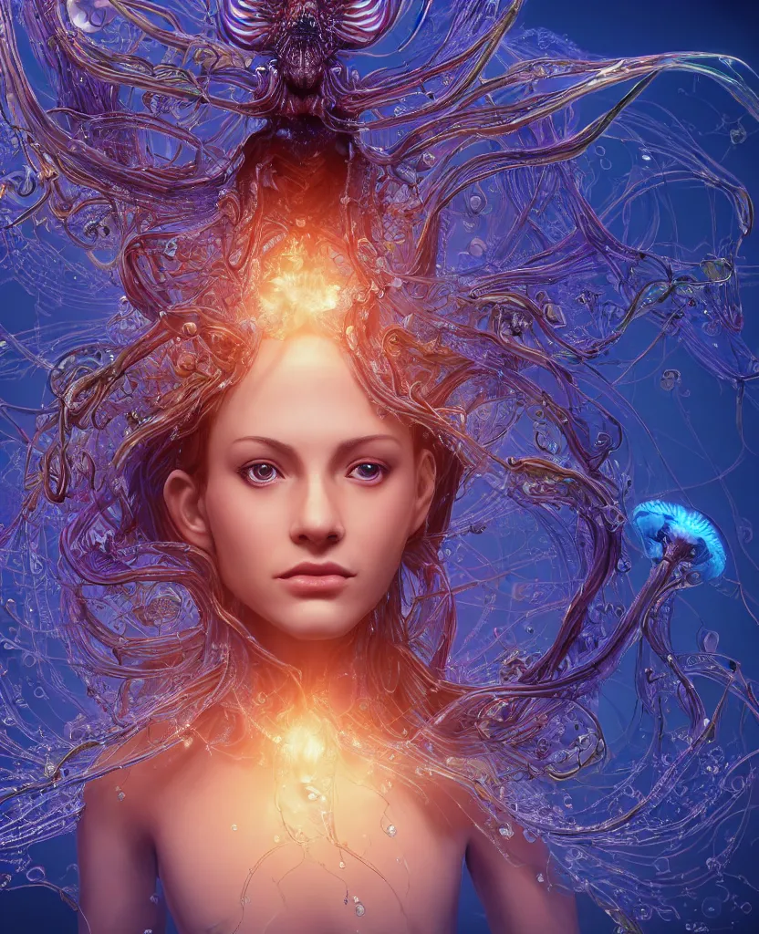 Image similar to close-up macro portrait of the face of a beautiful princess, epic angle and pose, symmetrical artwork, 3d with depth of field, blurred background, cybernetic jellyfish female face skull phoenix bird, translucent, nautilus, energy flows of water and fire. a highly detailed epic cinematic concept art CG render. made in Maya, Blender and Photoshop, octane render, excellent composition, cinematic dystopian brutalist atmosphere, dynamic dramatic cinematic lighting, aesthetic, very inspirational, arthouse. y Greg Rutkowski, Ilya Kuvshinov, WLOP, Stanley Artgerm Lau, Ruan Jia and Fenghua Zhong