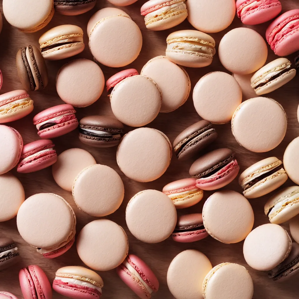 Image similar to 30-degree view of macarons on top of a wooden table, 4k, photorealistic