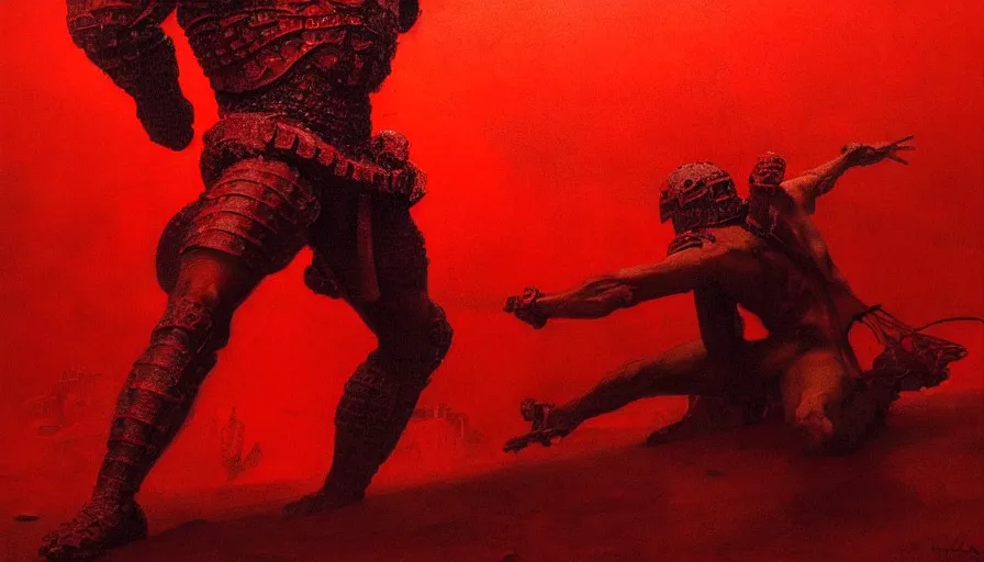 Image similar to only with red, a lightly armored gladiator in a crowded roman amphitheatre, crowd cheering, in the style of beksinski and edward hopper and rodcenko and yue minjun and rolf armstrong, intricate and epic composition, red by caravaggio, highly detailed, masterpiece, red light, artstation