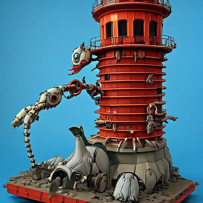 Image similar to A Lovecraftian scary giant mechanized adorable Mule from Studio Ghibli Howl's giant lighthouse tower (2004) as a 1980's Kenner style action figure, 5 points of articulation, full body, 4k, highly detailed. award winning sci-fi. look at all that detail!