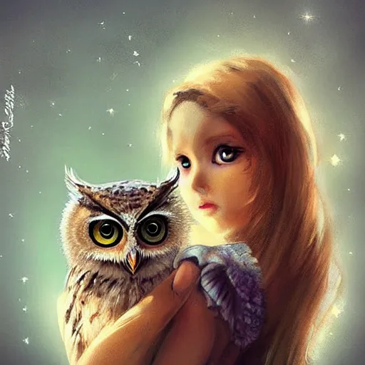 Image similar to a wise owl and a cute kitten, digital art, concept art, gemmy woud binnendijk, nixeu, artgerm