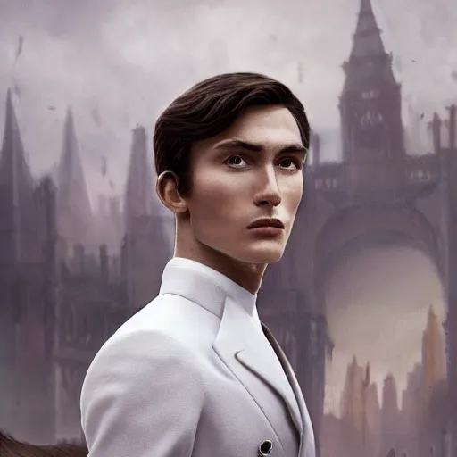 Prompt: portrait of a regal prince with sharp cheekbones, white clothes, high collar, close up, super details, crowd of rioting peasants in the background, modern digital art, matte painting, science fiction