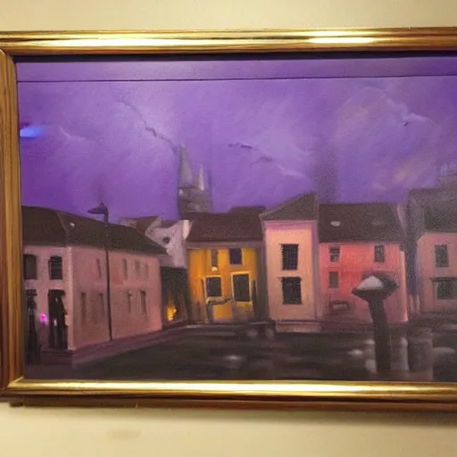 Image similar to hyperrealistic painting of old town, terrifying, purple dim light, ghosts flying from 8 floors building