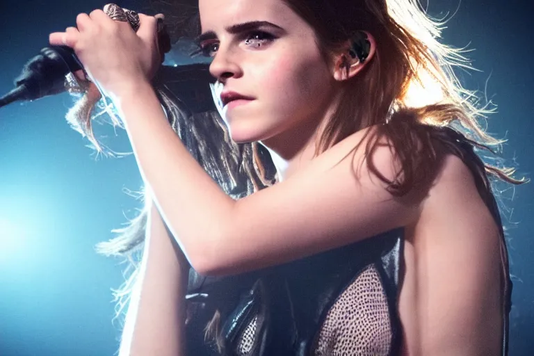 Prompt: emma watson as a heavy metal singer, stage lights, smoke, flames, medium shot