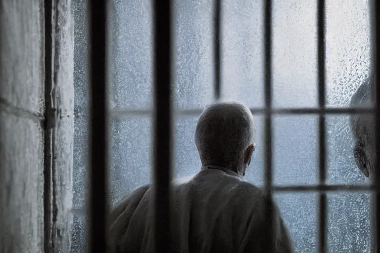 Prompt: a cinematic painting of an old male prisoner inside of jail cell looking out of a small frosted window, beautiful lighting, high depth, ultra realistic, artistic, by gregory crewdson, blue color theme