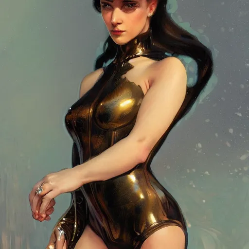 Image similar to portrait of charli d'amelio wearing a latex suit, intricate, elegant, highly detailed, digital painting, artstation, concept art, smooth, sharp focus, illustration, art by artgerm and greg rutkowski and alphonse mucha, 8 k