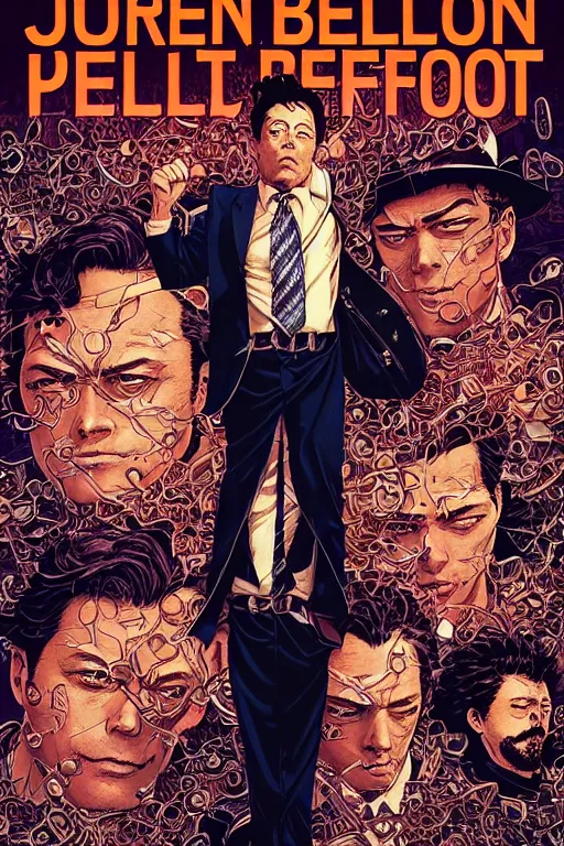 Image similar to poster of jordan belfort, by yoichi hatakenaka, masamune shirow, josan gonzales and dan mumford, ayami kojima, takato yamamoto, barclay shaw, karol bak, yukito kishiro