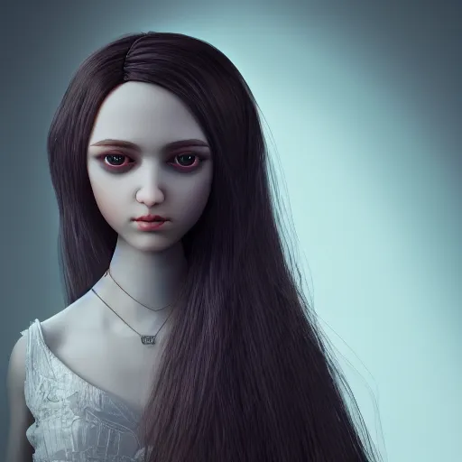 Image similar to beautiful ball jointed doll head, long shiny hair, intricate detailed, sharp focus, octane render, high quality, Symmetrical composition, 8k, volumetric lighting, on black background