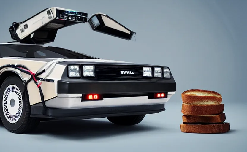 Image similar to a time-traveling delorean styled toaster with toast, bread inserted into slot, professional product shot, magazine ad