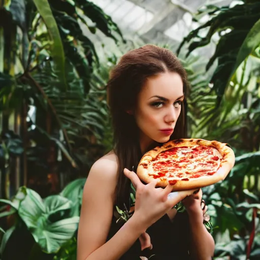 Image similar to close up portrait of beautiful woman wearing a pizza in a tropical greenhouse with an owl on her shoulder, bokeh, cinematic colors