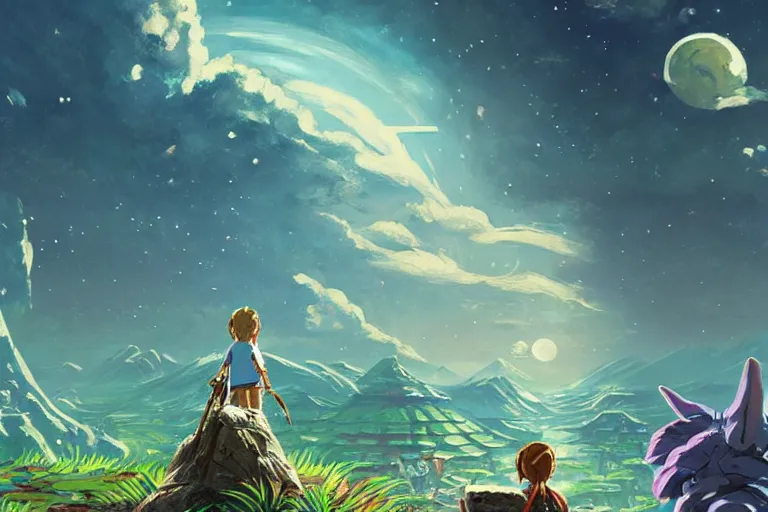 Image similar to #art #hyperreal #intricate interstellar-botw-studio-ghibli-moment, [32k hd]^10