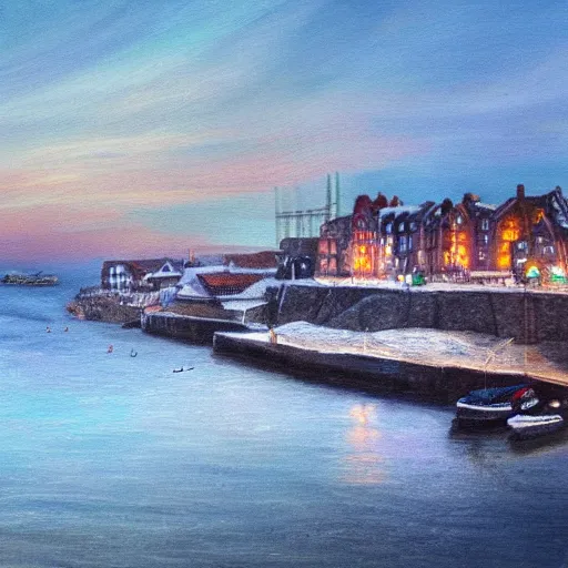 Prompt: painting of whitby in winter, at dusk, includes the harbor, photo realism, volumetric lighting