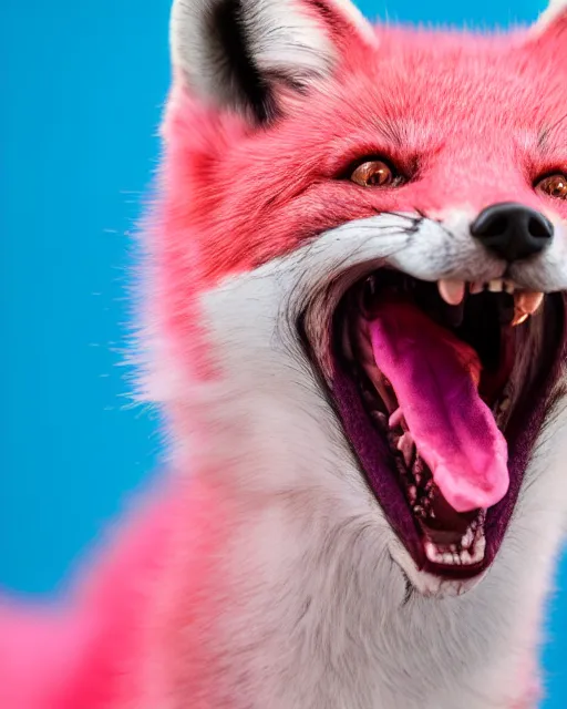 Image similar to pink fox yawning, portrait, blue background, 8 k, 8 5 mm f 1. 8