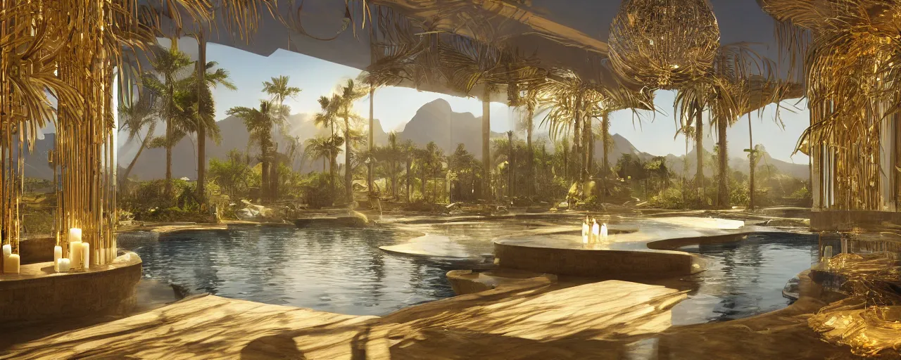 Image similar to surreal hyper luxury spa with intricate golden details with view to arid mountains and palm forest, god rays, light ray beam, candles, ultra detailed, photorealism, sharp focus, volumetric light, global illumination