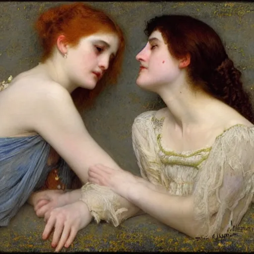 Prompt: Vampiric Good Evening! in the style of Auguste Toulmouche, Edgard Maxence, Eugene de Blaas, 1885, oil on canvas