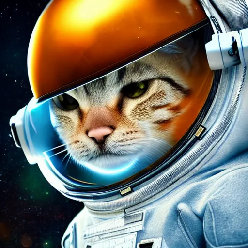 Image similar to professional photo cat in astronaut suit on the moon, closeup shot, hyperrealistic masterpiece, trending on artstation, cgsociety, kodakchrome, golden ratio, cinematic, composition, beautiful lighting, hyper detailed, sharp focus, octane render, 4 k, unreal engine