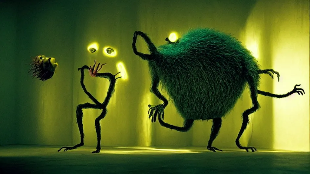 Image similar to the strange creature, made of glowing oil, they suffer from katagelophobia, film still from the movie directed by denis villeneuve and david cronenberg with art direction by salvador dali and dr. seuss