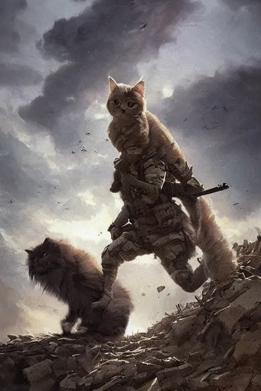 Image similar to a female sodier with a head of a british longhair cat in the war, epic scene, by greg rutkowski