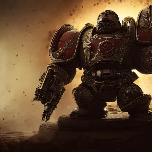 Image similar to Portrait of Budai as the emperor of humanity from warhammer 40k in Gears of War, splash art, movie still, cinematic lighting, dramatic, octane render, long lens, shallow depth of field, bokeh, anamorphic lens flare, 8k, hyper detailed, 35mm film grain