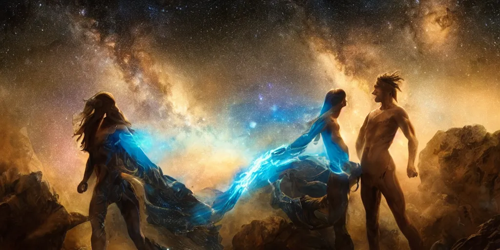 Prompt: Andromeda Milky Way Platonic love story by Jeff Easley cinematic, coherent, realistic faces, clear, detailed, intricate, dramatic lighting, establishing shot, 8k resolution