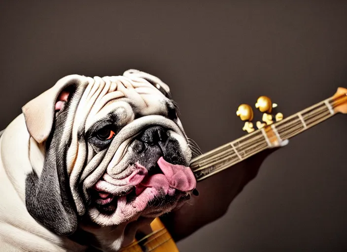 Prompt: a closeup, 4 5 mm, detailed photograph of a famous english bulldog rockstar holding a gitar, beautiful low light, 4 5 mm, by franz lanting