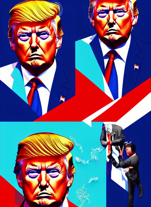 Prompt: hyper detailed ultra sharp donald trump dressed as serbian nationalist photorealistic portrait, triumphal celebratory aesthetic, masterpiece, elite, illustration, art by sachin teng, felix englund, organic matte painting, red white and blue color palette, hard edges, graffiti, street art 8 k