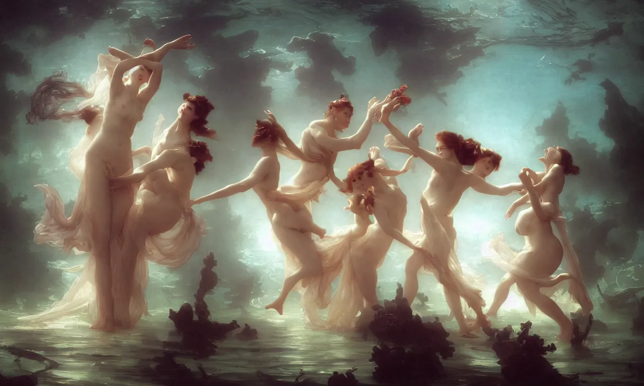 Prompt: a luminous springtime fairytale of beautiful realistic women dancing with silk veils among sea creatures in the romantic underwater baroque kingdom of Neptune. Neon light, masterpiece 4k digital illustration by Ruan Jia and Mandy Jurgens and William-Adolphe Bouguereau, award winning, Artstation, Gustave Dore' background, intricate details, realistic, panoramic view, volumetric lighting, sun rays beaming, Hyperdetailed, 8k resolution, golden hour, intricate art nouveau, smooth, sharp focus, rendered in Unreal Engine 3