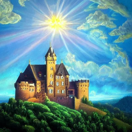 Prompt: Castle in the clouds, celestial light, divine, in the style of Wylie Beckert