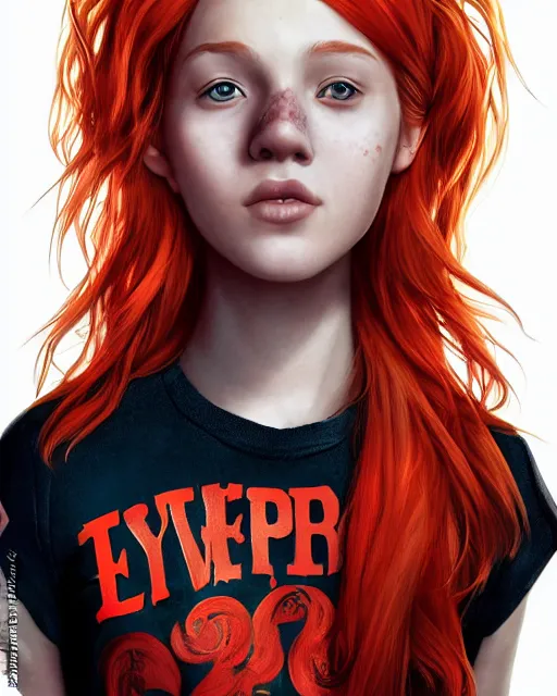 Image similar to portrait of 1 4 - year - old girl with flaming red hair, a lot of freckles, and bright brown eyes, wearing shirt, hyper realistic face, beautiful eyes, character art, art by mark brooks, hyperdetailed, cryengine, trending on artstation, digital art