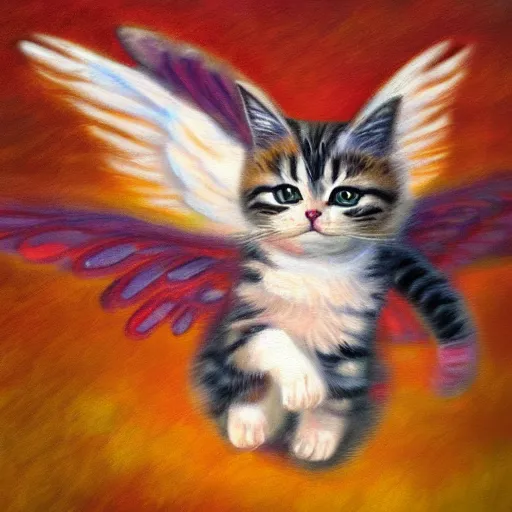 Image similar to a photograph of cute cat with wings flying towards the sunset, highly detailed, photorealistic, impressionism style