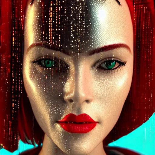 Image similar to stylish woman cartoon portrait made out of rain, pinstripe suit, wearing a shiny metal crown, cyberpunk background, rendered in octane, unreal engine, highly detailed, trending on artstation, realistic, neon, beautiful