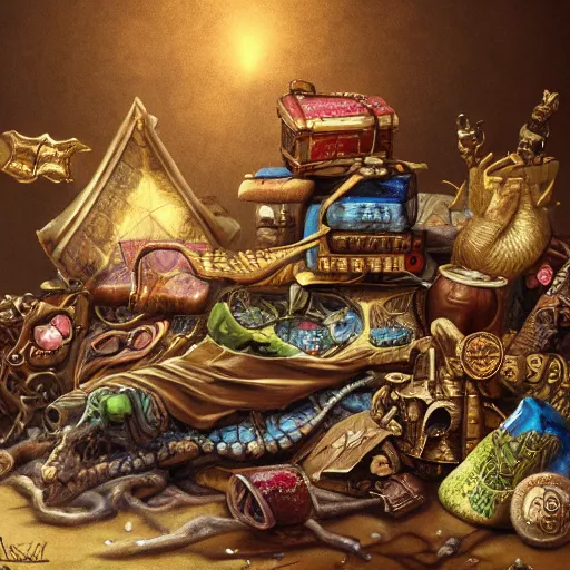 Prompt: a pile of treasure, fantasy art, trending on art station, highly detailed, hyper realism, art,