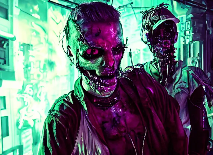 Image similar to neo-futuristic cinematic cyberpunk undead gay zombie men at a neon rave, cyberhorror-punk, stunning, horror art, dark tones, film still, cgsociety, scary, creepy, wow, artstation, 8k, high gloss, Horror, ultra detailed, character art, concept art, DnD art, cinematic detailed, nightmare machine, godmachine, trending on artstation, unreal engine 5 rendering, cinematic, greig fraser cinematography, epic composition