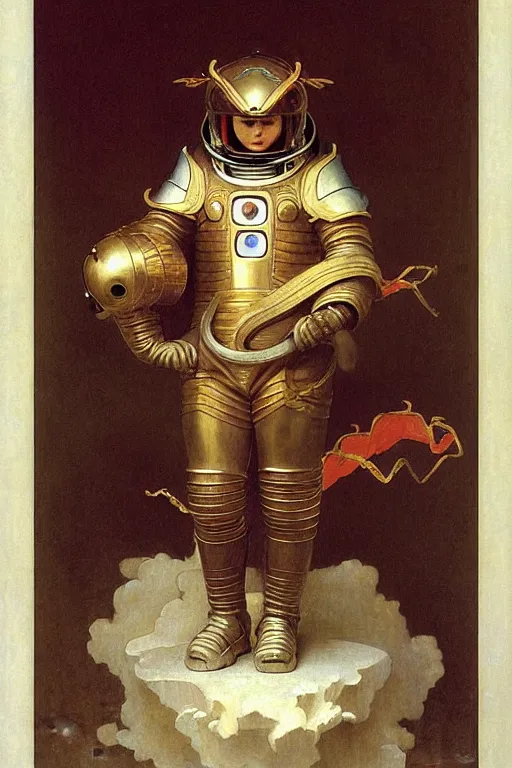 Image similar to portrait of a astronaut is a chinese dragon in armor and helmet, majestic, solemn, by bouguereau