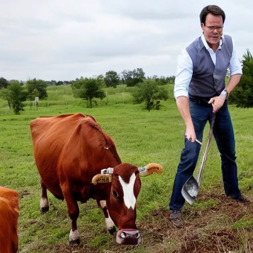 Image similar to mark rutte wielding an axe hitting cows, on farmland