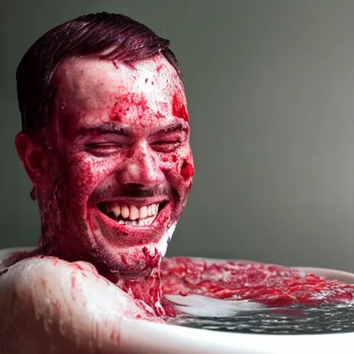 Image similar to a man smiling while taking a bath in blood