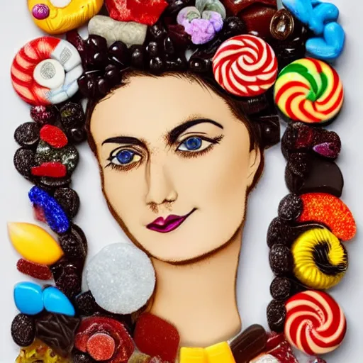 Prompt: A portrait of a woman made entirely out of different kinds of candy