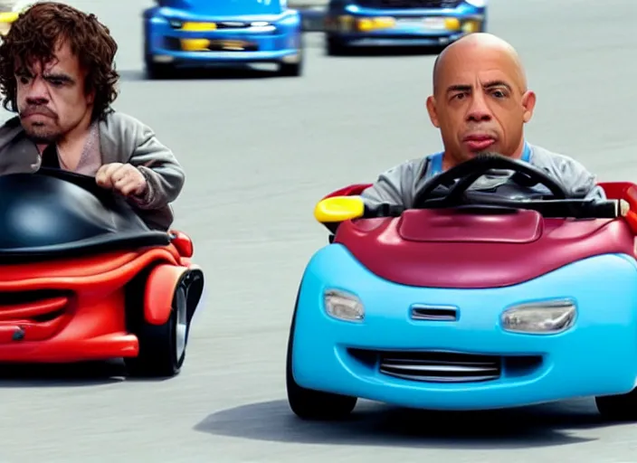 Prompt: peter dinklage drag racing vin diesel driving a little tikes cozy coupe, movie still, from the new tokyo drift movie, 8 k, realistic